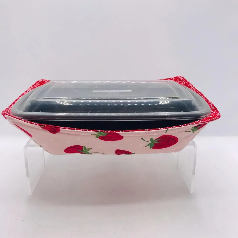 Reversible Microwave Cozie For Takeout Containers Cottage Core Strawberry Fabric
